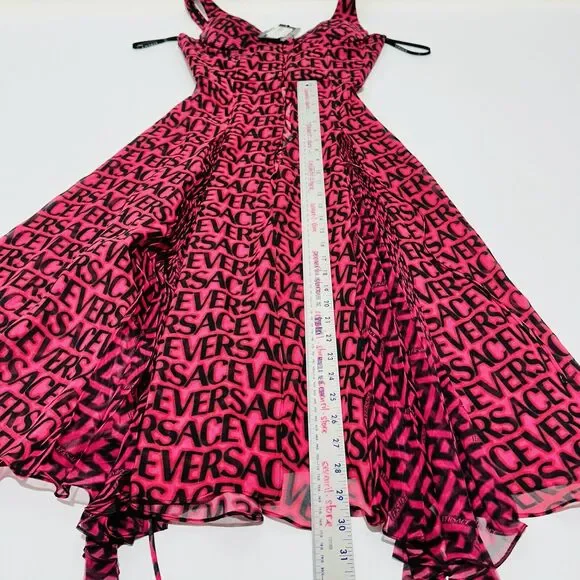 NWT Versace Runway Plisse Silk Dress IT 44 US 8 All Over Logo Red Black $5,425